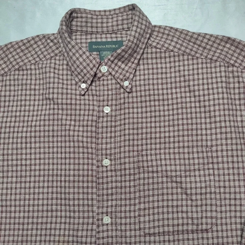 BANANA REPUBLIC Men Large‎ Burgundy Check Medium-Weight Cotton  Button Shirt
